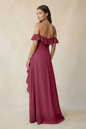 Ruffled Off-the-Shoulder A-Line Chiffon Bridesmaid Dress in Desert Rose - SHE IS ME BRIDESMAID DRESSES