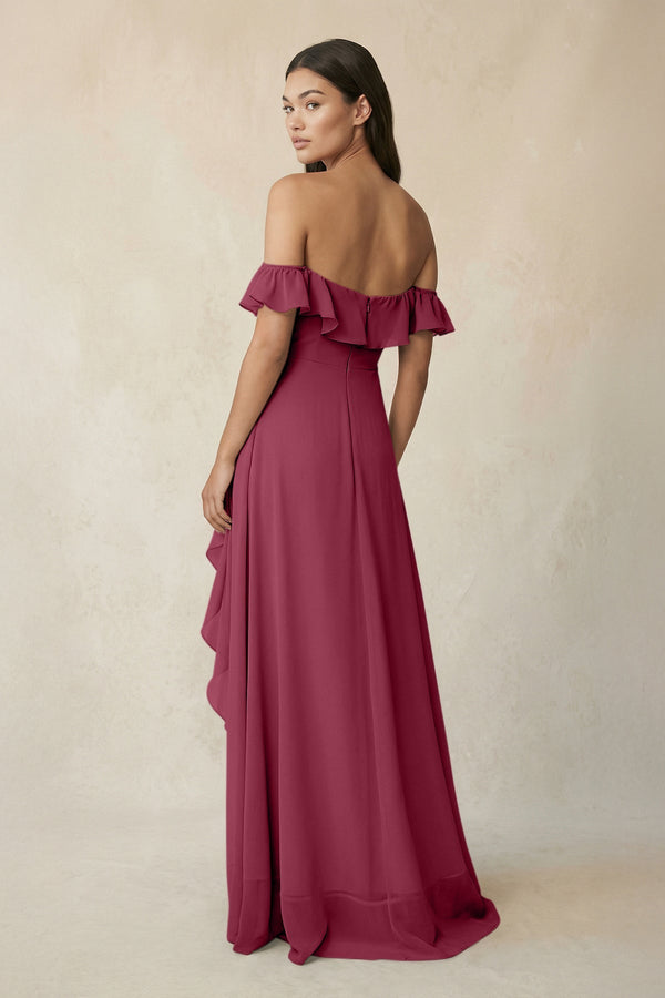 Ruffled Off-the-Shoulder A-Line Chiffon Bridesmaid Dress in Desert Rose - SHE IS ME BRIDESMAID DRESSES
