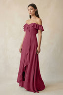 Ruffled Off-the-Shoulder A-Line Chiffon Bridesmaid Dress in Desert Rose - SHE IS ME BRIDESMAID DRESSES