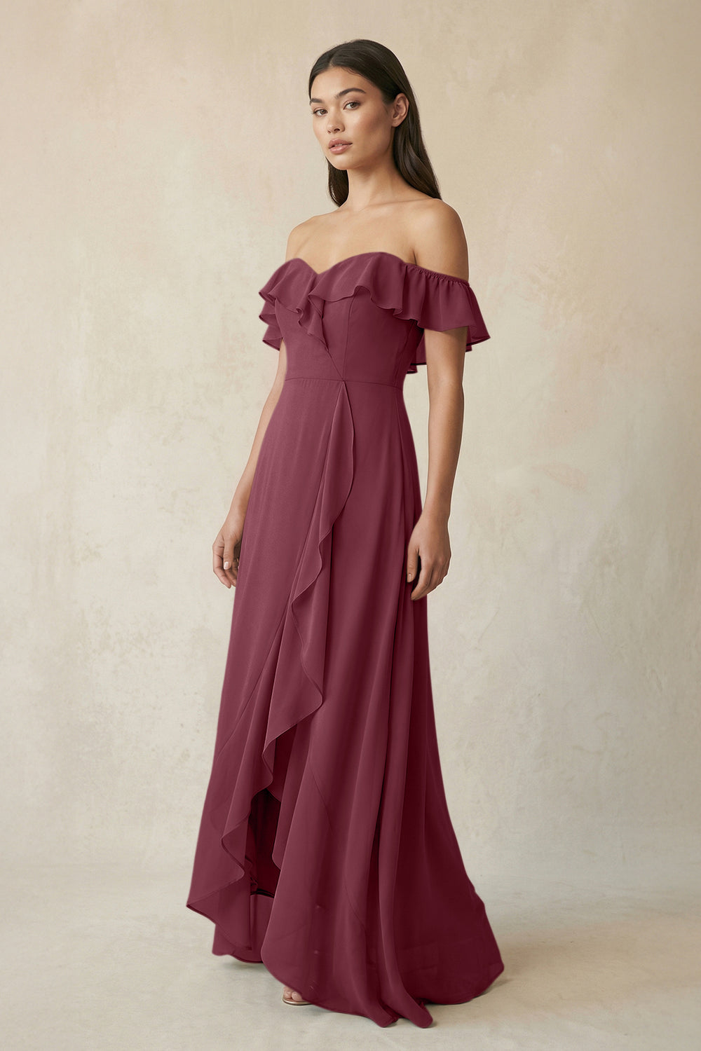 Ruffled Off-the-Shoulder A-Line Chiffon Bridesmaid Dress in Desert Rose
