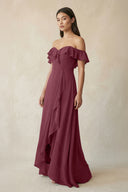 Ruffled Off-the-Shoulder A-Line Chiffon Bridesmaid Dress in Desert Rose | KISSBRIDAL