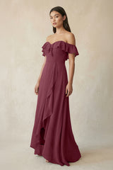 Ruffled Off-the-Shoulder A-Line Chiffon Bridesmaid Dress in Desert Rose | KISSBRIDAL
