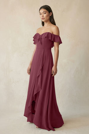 Ruffled Off-the-Shoulder A-Line Chiffon Bridesmaid Dress in Desert Rose | KISSBRIDAL