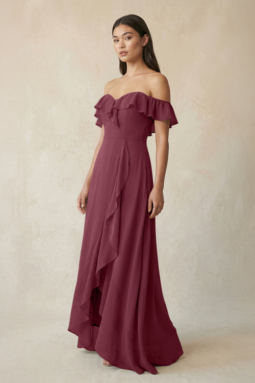 Ruffled Off-the-Shoulder A-Line Chiffon Bridesmaid Dress in Desert Rose | KISSBRIDAL