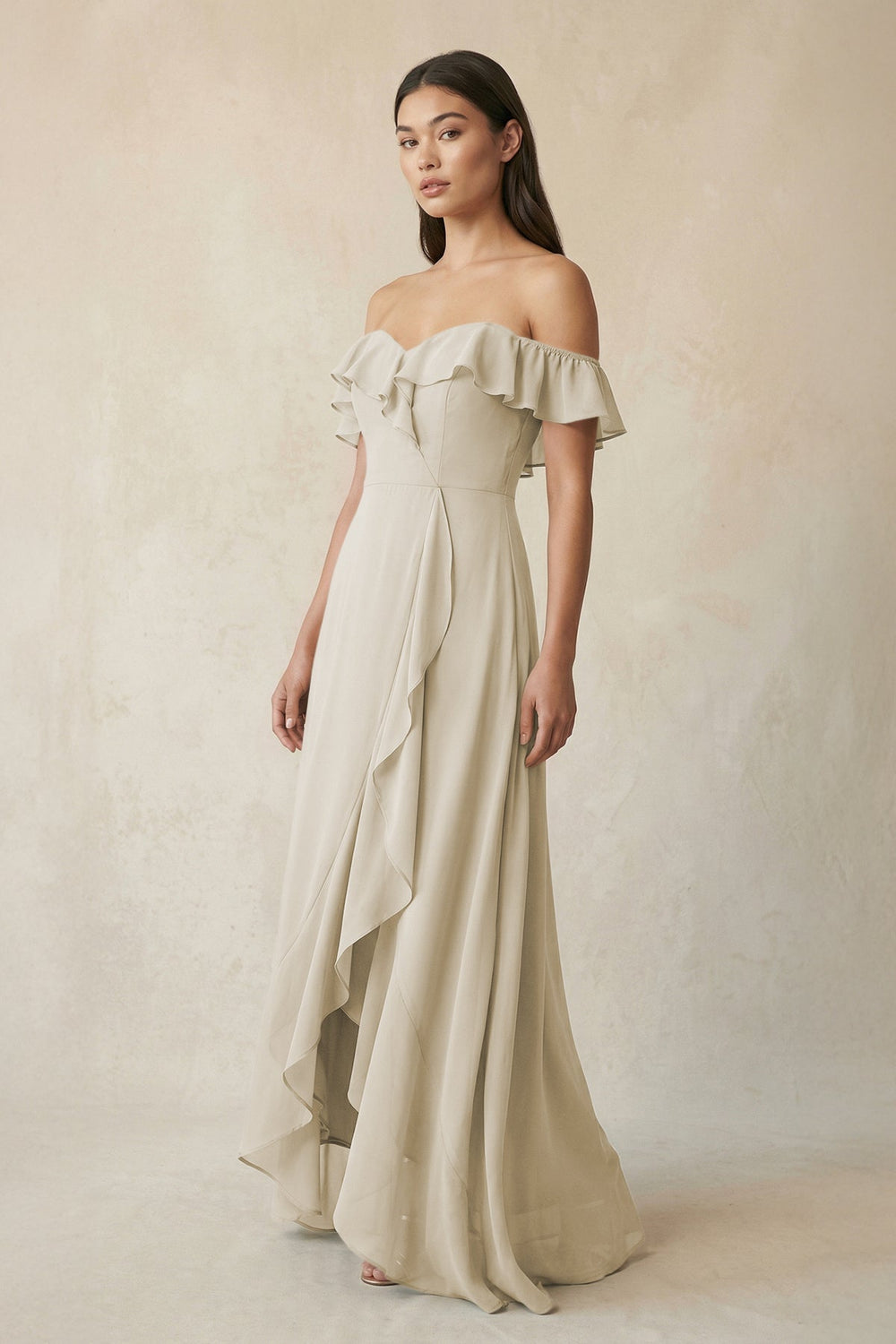 Ruffled Off-the-Shoulder A-Line Chiffon Bridesmaid Dress in Dove Gray - KISS BRIDAL BRIDESMAID DRESSES