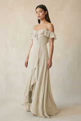 Ruffled Off-the-Shoulder A-Line Chiffon Bridesmaid Dress in Dove Gray - KISS BRIDAL BRIDESMAID DRESSES