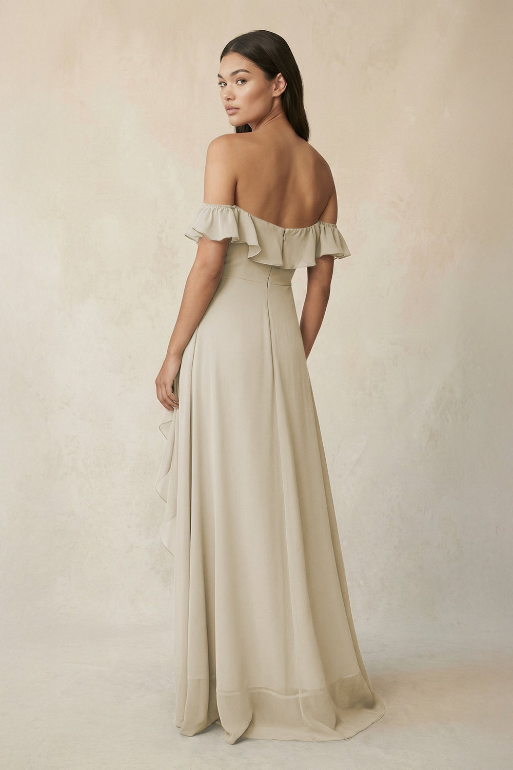 Ruffled Off-the-Shoulder A-Line Chiffon Bridesmaid Dress in Dove Gray - KISS BRIDAL BRIDESMAID DRESSES