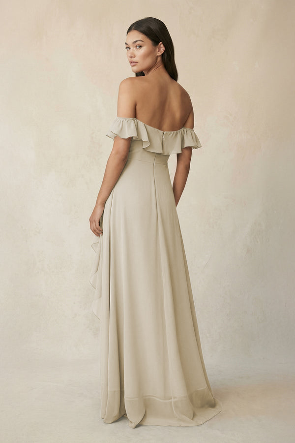 Ruffled Off-the-Shoulder A-Line Chiffon Bridesmaid Dress in Dove Gray - SHE IS ME BRIDESMAID DRESSES