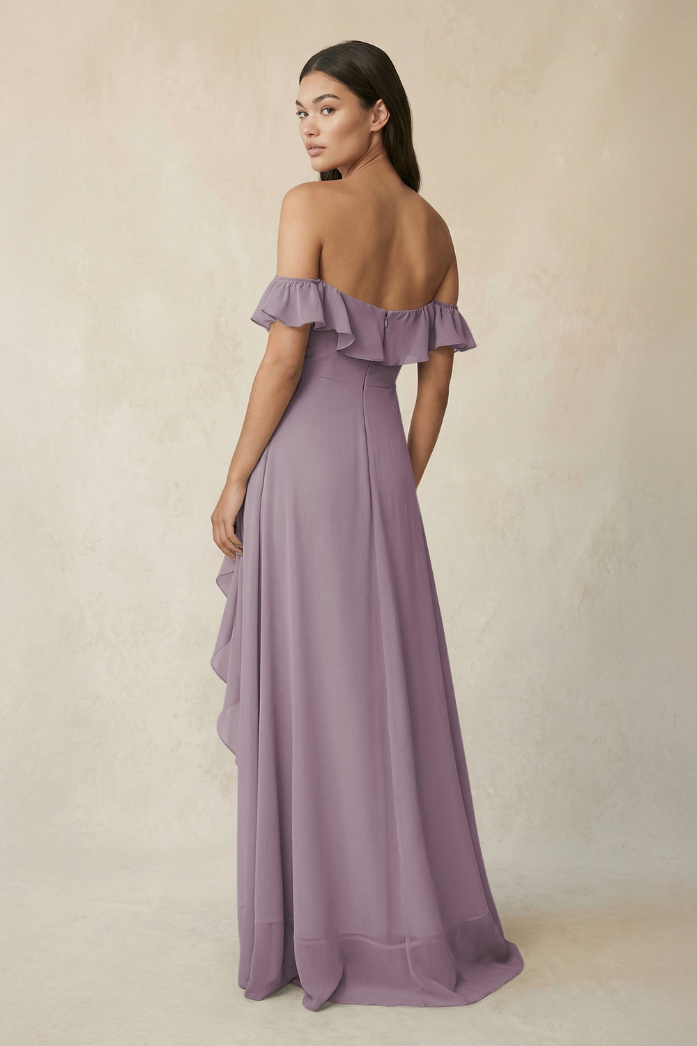 Ruffled Off-the-Shoulder A-Line Chiffon Bridesmaid Dress in Dusk
