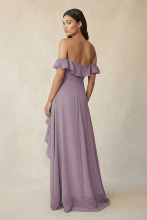 Ruffled Off-the-Shoulder A-Line Chiffon Bridesmaid Dress in Dusk (2) | KISSBRIDAL