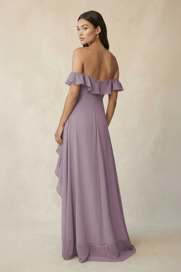 Ruffled Off-the-Shoulder A-Line Chiffon Bridesmaid Dress in Dusk (2) | KISSBRIDAL