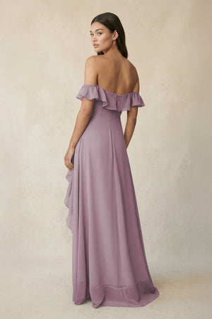 Ruffled Off-the-Shoulder A-Line Chiffon Bridesmaid Dress in Dusk - SHE IS ME BRIDESMAID DRESSES