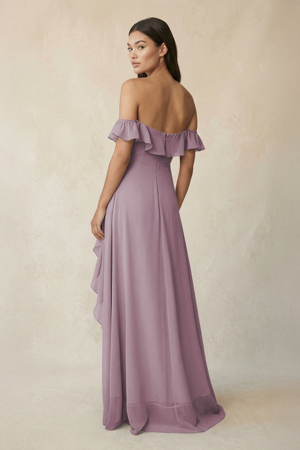 Ruffled Off-the-Shoulder A-Line Chiffon Bridesmaid Dress in Dusk - SHE IS ME BRIDESMAID DRESSES