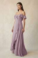 Ruffled Off-the-Shoulder A-Line Chiffon Bridesmaid Dress in Dusk - SHE IS ME BRIDESMAID DRESSES