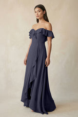 Ruffled Off-the-Shoulder A-Line Chiffon Bridesmaid Dress in Dusk Blue - KISS BRIDAL BRIDESMAID DRESSES