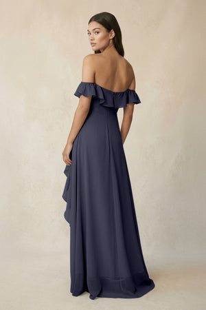 Ruffled Off-the-Shoulder A-Line Chiffon Bridesmaid Dress in Dusk Blue - SHE IS ME BRIDESMAID DRESSES