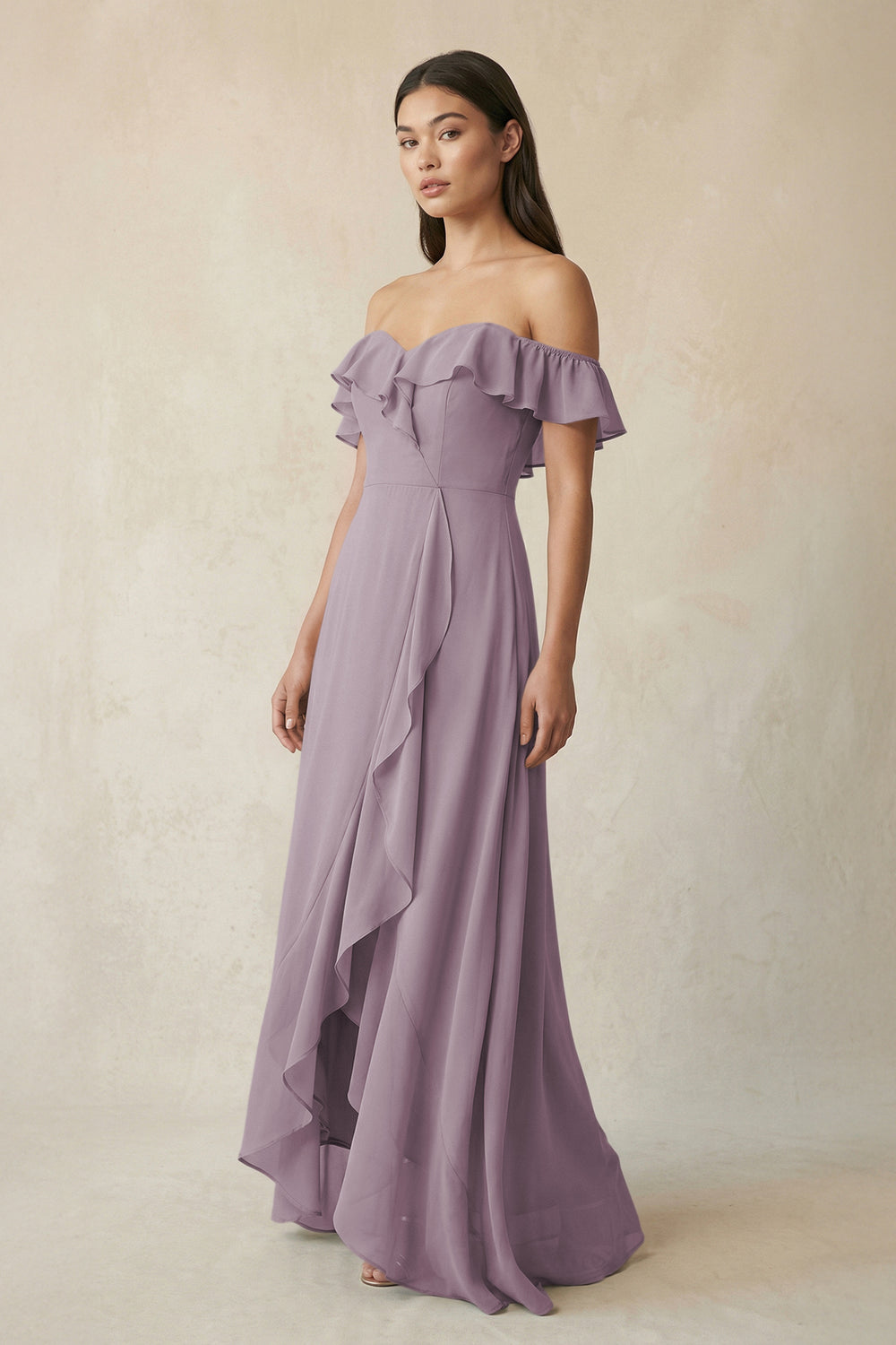 Ruffled Off-the-Shoulder A-Line Chiffon Bridesmaid Dress in Dusk