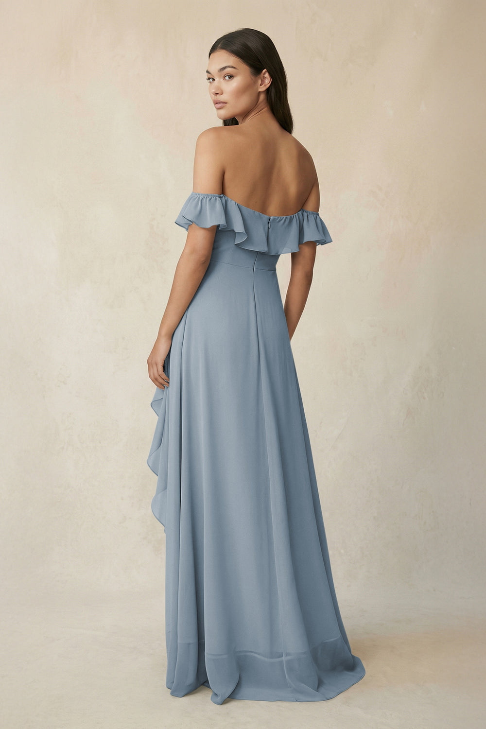 Ruffled Off-the-Shoulder A-Line Chiffon Bridesmaid Dress in Dusty Blue