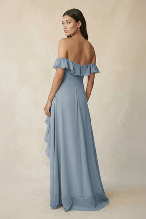 Ruffled Off-the-Shoulder A-Line Chiffon Bridesmaid Dress in Dusty Blue (2) | KISSBRIDAL
