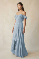 Ruffled Off-the-Shoulder A-Line Chiffon Bridesmaid Dress in Dusty Blue - SHE IS ME BRIDESMAID DRESSES