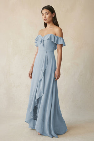 Ruffled Off-the-Shoulder A-Line Chiffon Bridesmaid Dress in Dusty Blue - SHE IS ME BRIDESMAID DRESSES