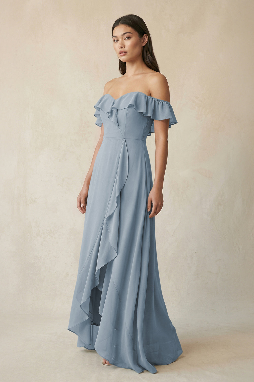 Ruffled Off-the-Shoulder A-Line Chiffon Bridesmaid Dress in Dusty Blue