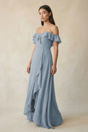 Ruffled Off-the-Shoulder A-Line Chiffon Bridesmaid Dress in Dusty Blue | KISSBRIDAL