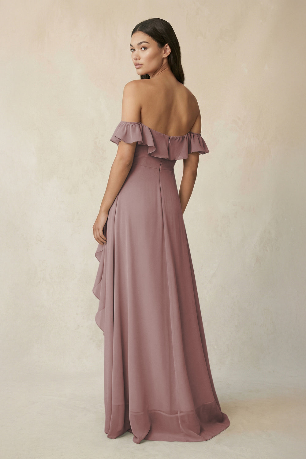 Ruffled Off-the-Shoulder A-Line Chiffon Bridesmaid Dress in Dusty Rose