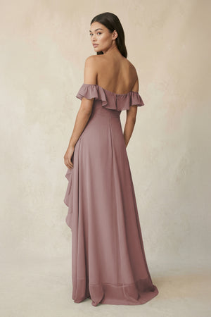 Ruffled Off-the-Shoulder A-Line Chiffon Bridesmaid Dress in Dusty Rose (2) | KISSBRIDAL