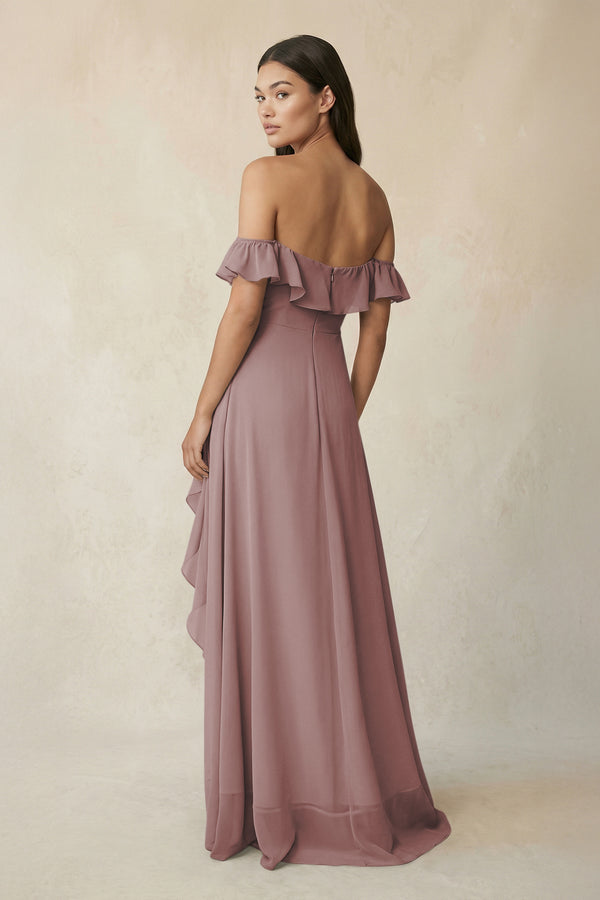 Ruffled Off-the-Shoulder A-Line Chiffon Bridesmaid Dress in Dusty Rose (2) | KISSBRIDAL