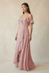 Ruffled Off-the-Shoulder A-Line Chiffon Bridesmaid Dress in Dusty Rose - KISS BRIDAL BRIDESMAID DRESSES