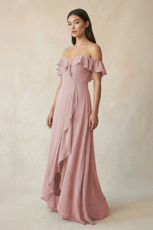 Ruffled Off-the-Shoulder A-Line Chiffon Bridesmaid Dress in Dusty Rose - SHE IS ME BRIDESMAID DRESSES