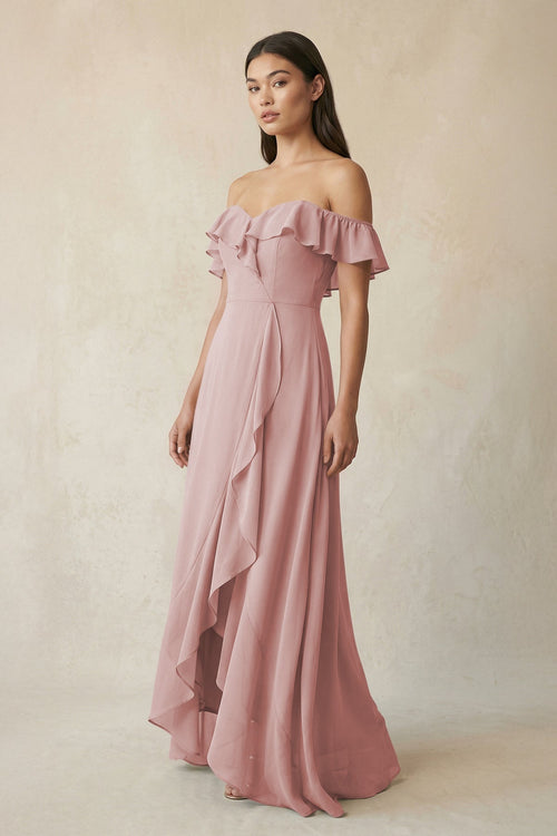 Ruffled Off-the-Shoulder A-Line Chiffon Bridesmaid Dress in Dusty Rose - SHE IS ME BRIDESMAID DRESSES