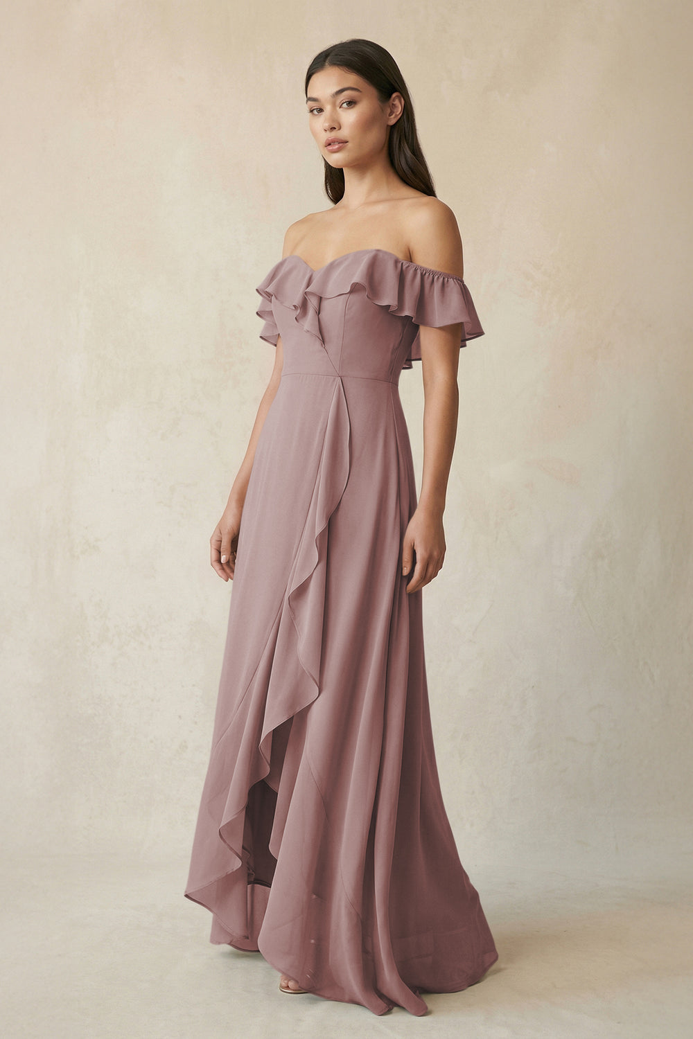 Ruffled Off-the-Shoulder A-Line Chiffon Bridesmaid Dress in Dusty Rose