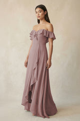 Ruffled Off-the-Shoulder A-Line Chiffon Bridesmaid Dress in Dusty Rose | KISSBRIDAL