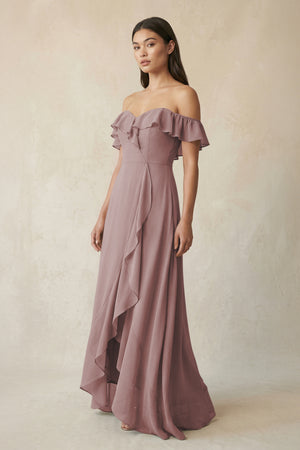 Ruffled Off-the-Shoulder A-Line Chiffon Bridesmaid Dress in Dusty Rose | KISSBRIDAL