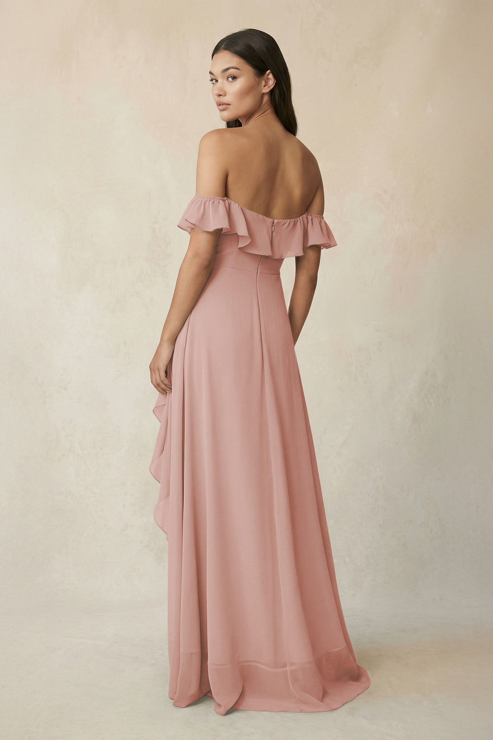 Ruffled Off-the-Shoulder A-Line Chiffon Bridesmaid Dress in English Rose