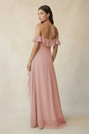 Ruffled Off-the-Shoulder A-Line Chiffon Bridesmaid Dress in English Rose (2) | KISSBRIDAL