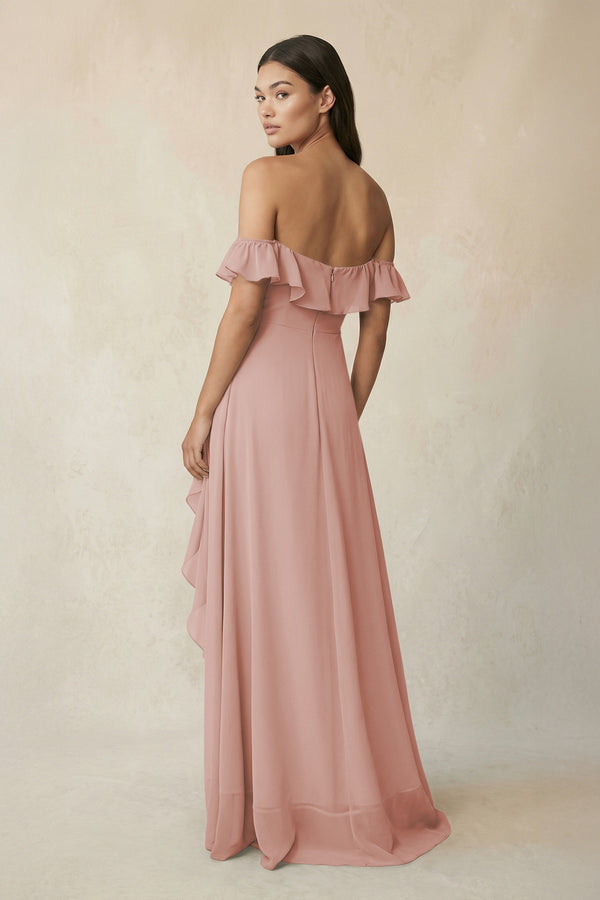 Ruffled Off-the-Shoulder A-Line Chiffon Bridesmaid Dress in English Rose (2) | KISSBRIDAL