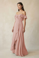 Ruffled Off-the-Shoulder A-Line Chiffon Bridesmaid Dress in English Rose | KISSBRIDAL
