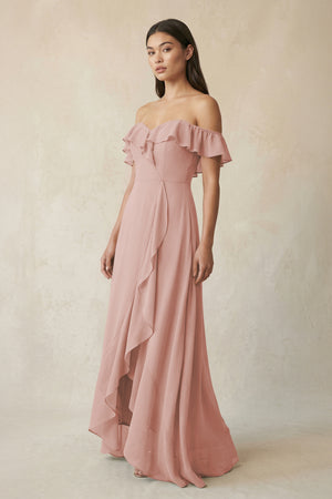 Ruffled Off-the-Shoulder A-Line Chiffon Bridesmaid Dress in English Rose | KISSBRIDAL