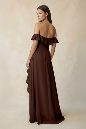 Ruffled Off-the-Shoulder A-Line Chiffon Bridesmaid Dress in Espresso - SHE IS ME BRIDESMAID DRESSES