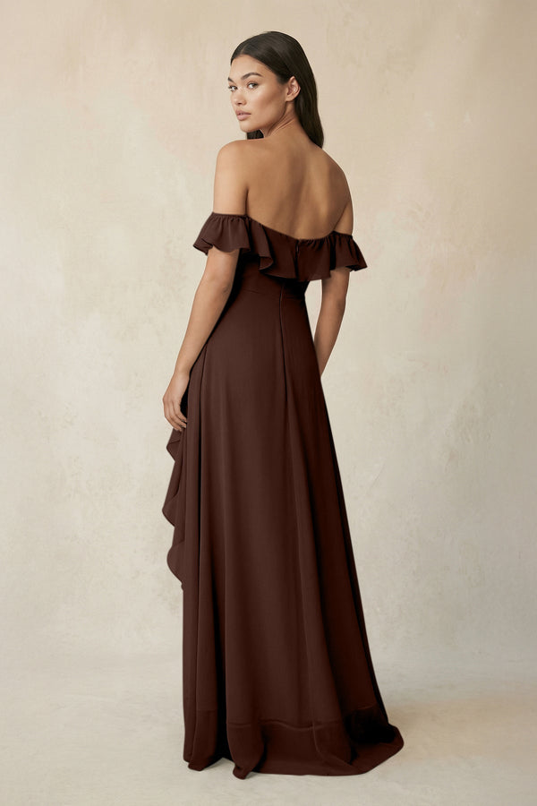 Ruffled Off-the-Shoulder A-Line Chiffon Bridesmaid Dress in Espresso - SHE IS ME BRIDESMAID DRESSES