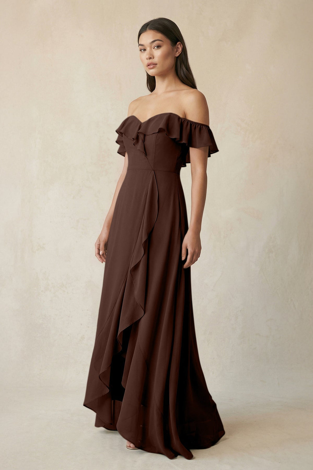 Ruffled Off-the-Shoulder A-Line Chiffon Bridesmaid Dress in Espresso - KISS BRIDAL BRIDESMAID DRESSES
