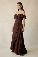 Ruffled Off-the-Shoulder A-Line Chiffon Bridesmaid Dress in Espresso - KISS BRIDAL BRIDESMAID DRESSES