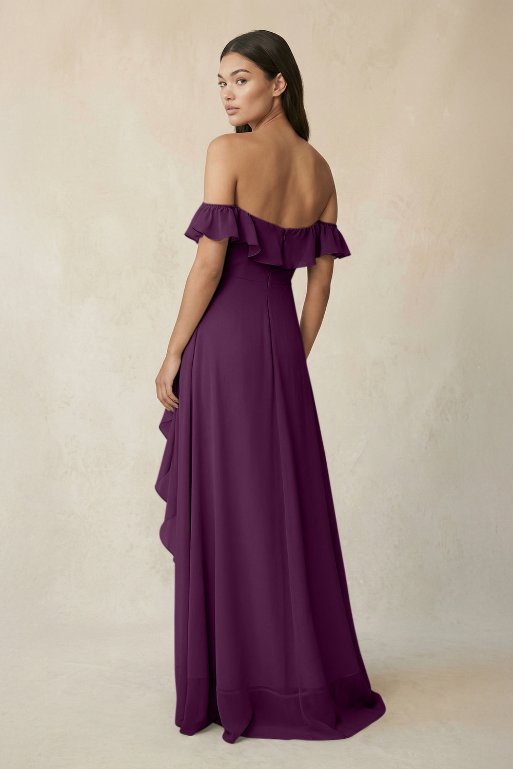 Ruffled Off-the-Shoulder A-Line Chiffon Bridesmaid Dress in Fig