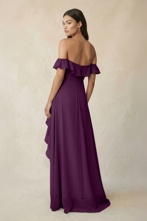 Ruffled Off-the-Shoulder A-Line Chiffon Bridesmaid Dress in Fig (2) | KISSBRIDAL