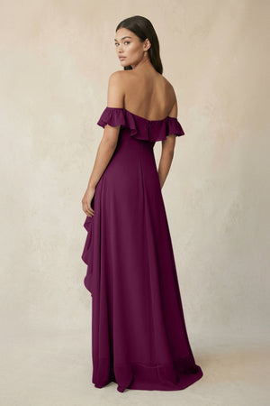 Ruffled Off-the-Shoulder A-Line Chiffon Bridesmaid Dress in Fig - SHE IS ME BRIDESMAID DRESSES