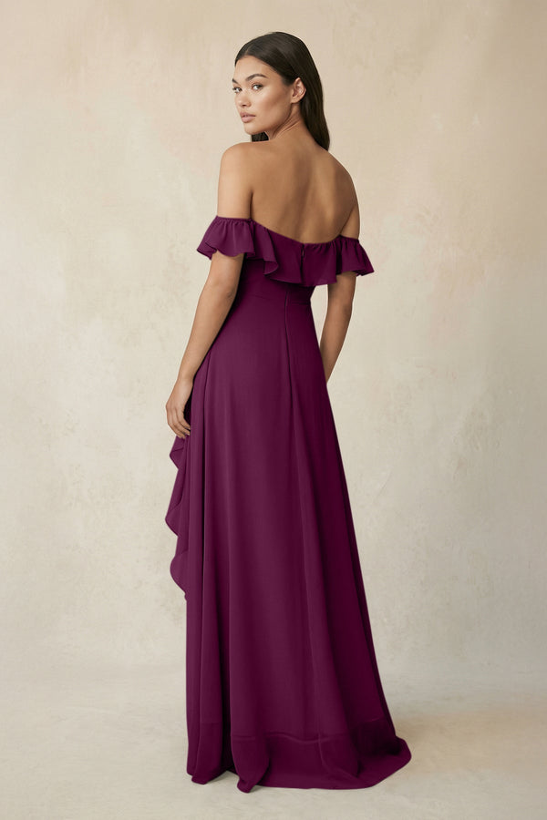Ruffled Off-the-Shoulder A-Line Chiffon Bridesmaid Dress in Fig - SHE IS ME BRIDESMAID DRESSES
