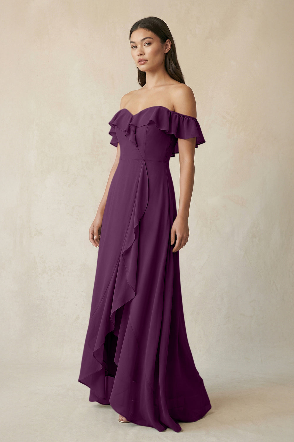 Ruffled Off-the-Shoulder A-Line Chiffon Bridesmaid Dress in Fig